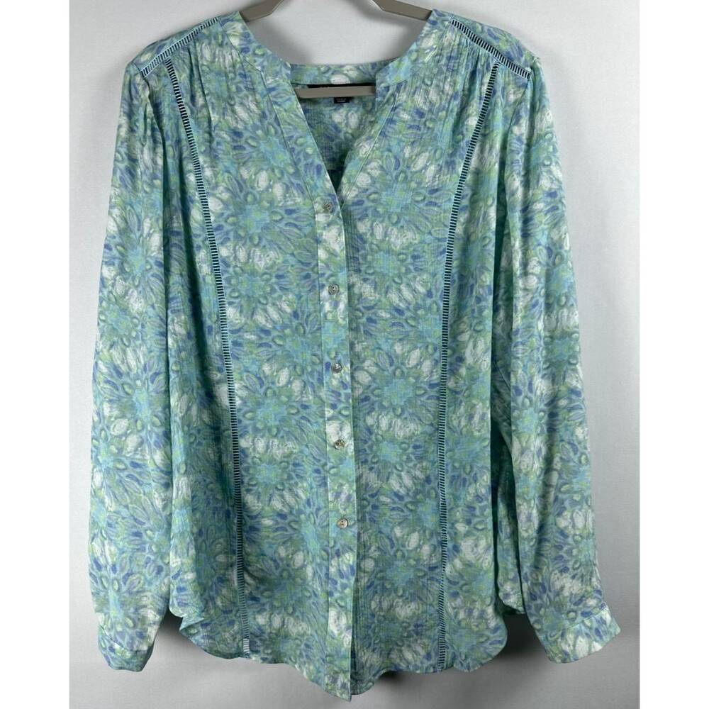 Zac & Rachel Watercolor Floral Button Down Blouse L Blue Green Garden Party Boho